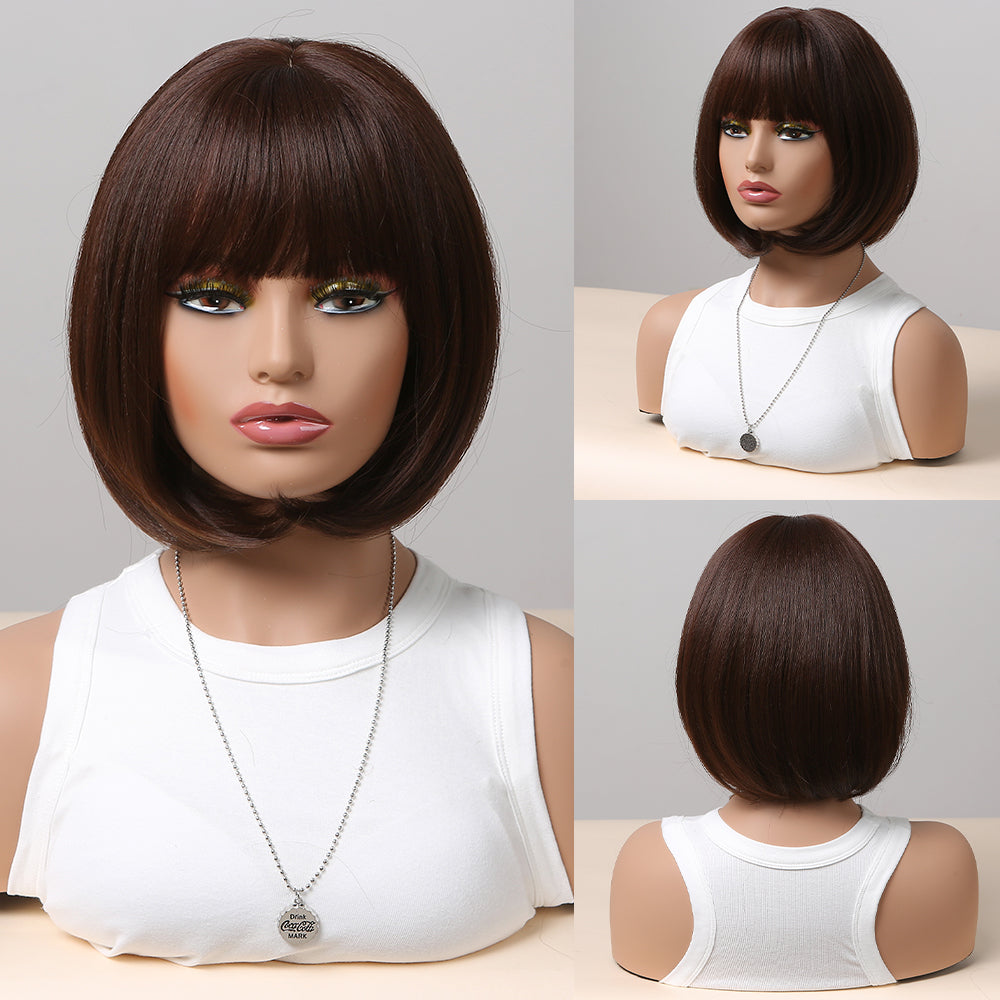 12 inch hort straight brown Bob wig with bangs Women's wig for daily  or cosplay use SS155-1