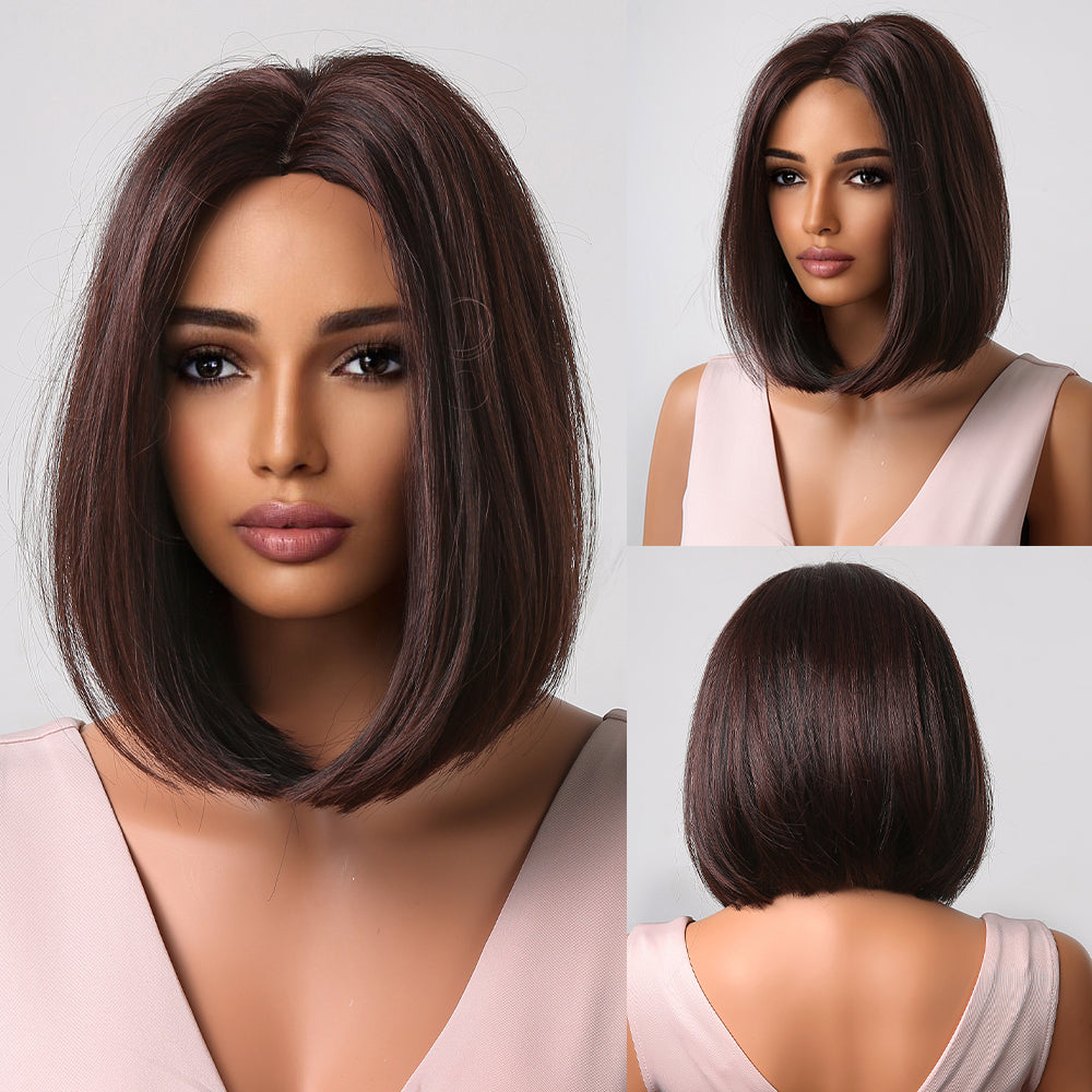 12 Inches Long Straight Brownish Black Synthetic Wigs with Reddish Brown Highlight Women's Wigs for Daily or Cosplay Use LC2009-1