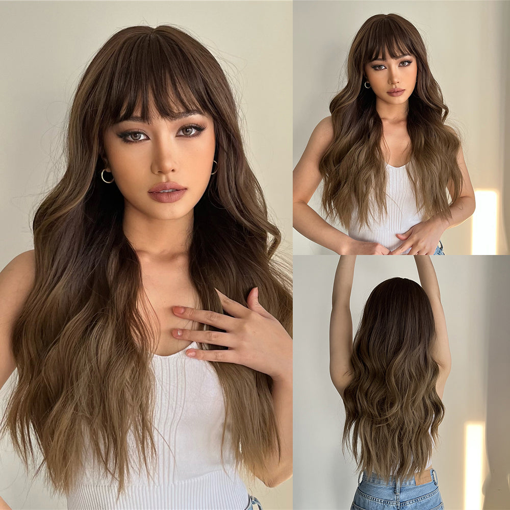 Long curly wigs brown with bangs wigs for women for daily life LC8001