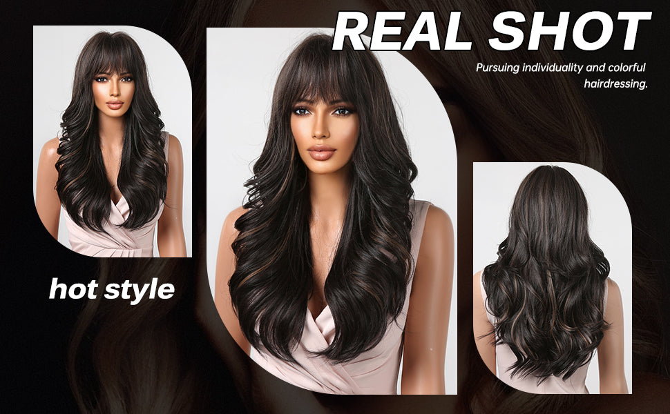 26 Inches Long Curly BlackWigs with Bangs Synthetic Wigs Women's Wigs for Daily or Cosplay Use LC2090-1