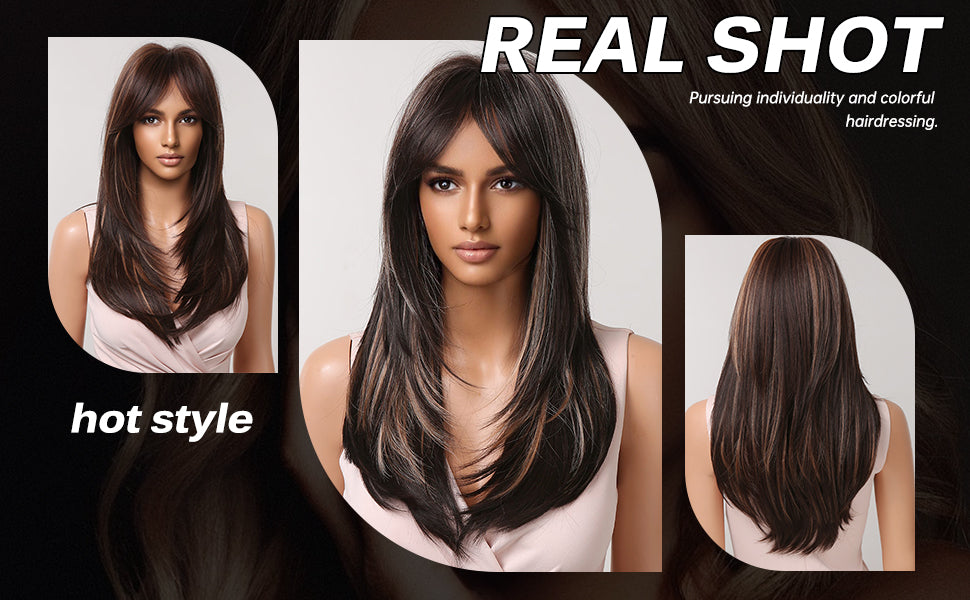 22 Inch-long deep brown straight wigs with bangs wigs for women LC2068-4