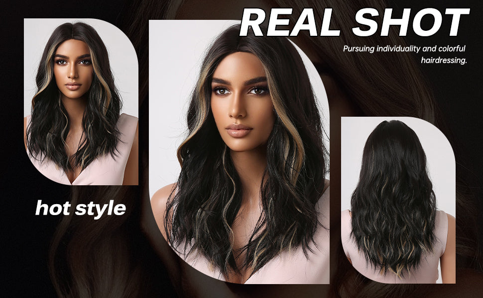 22 Inches Long Curly Black Wigs wirh Blonde Highlight Women's Wigs for Daily or Cosplay Use LC2063-1