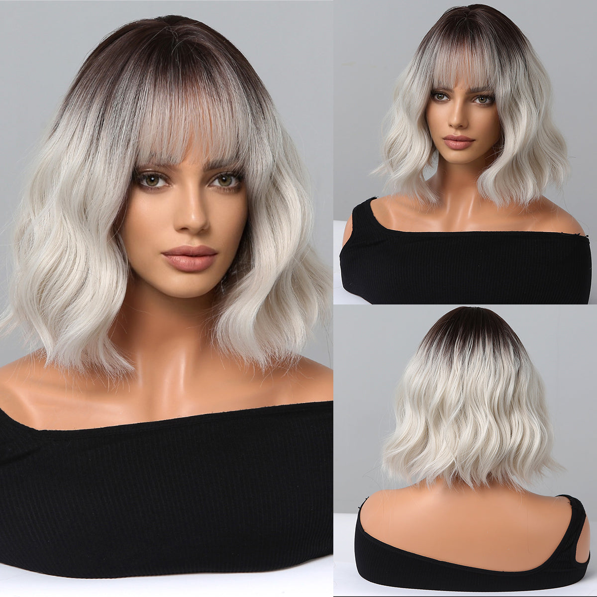 14 Inch Short Curly Black Ombre Silver Wig Synthetic Wig Women's Wig | WL1077-2