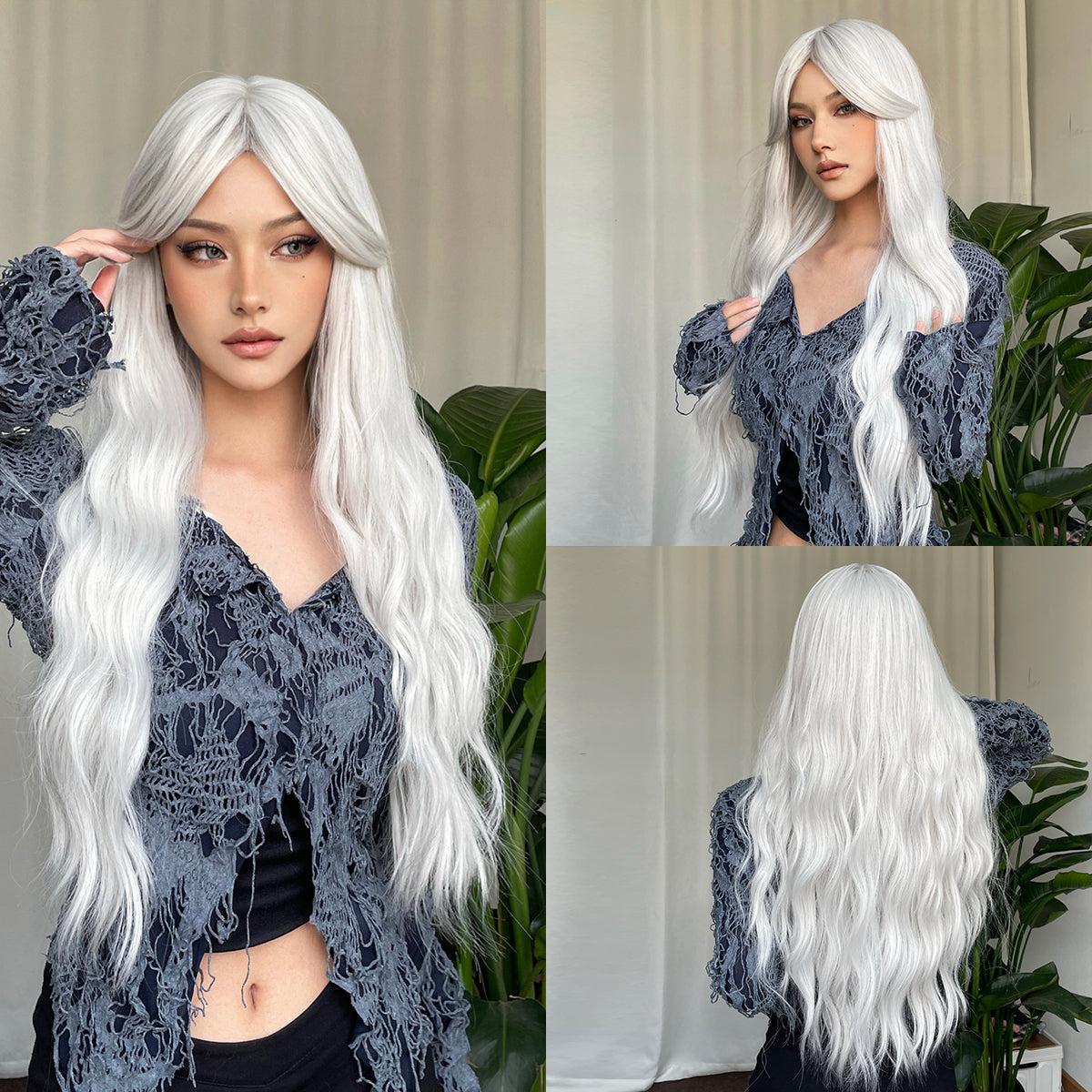 28 Inches Long Curly White Wigs with Bangs Synthetic Wigs Women's Wigs for Daily or Cosplay Use WL1096-1