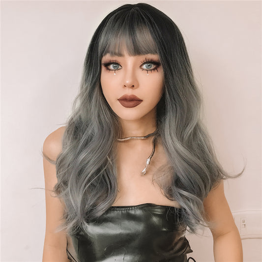 Long curly wigs black ombre grey with bangs wigs for women for daily life LC6057