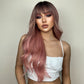 Long curly wigs black ombre pink with bangs wigs for women for daily life LC6018-1