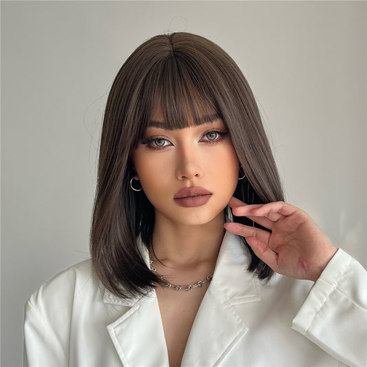 FDwig | 16 inch long straight Bob brown black synthetic wig with bangs Women’s wig SS189-1