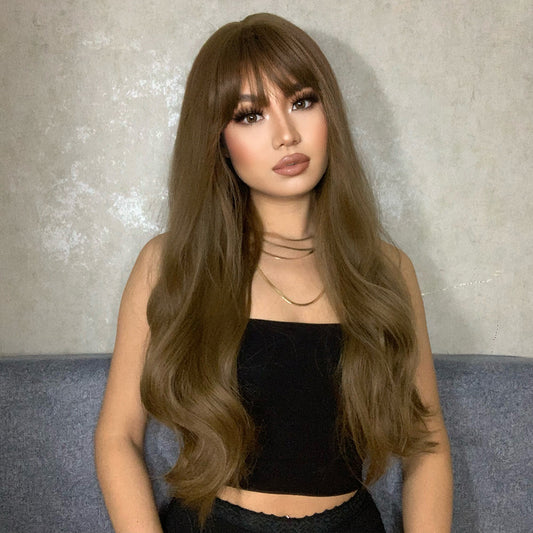 Long curly wigs light brown with bangs wigs for women for daily life LC6103-1