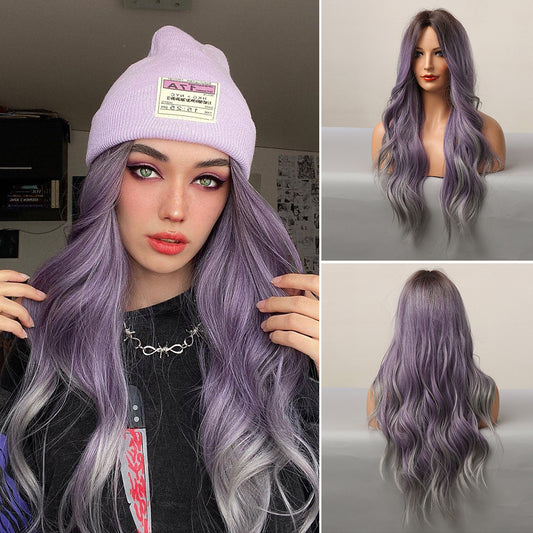 Long curly wigs purple ombre grey with middle bangs wigs for women for daily life LC5116-1