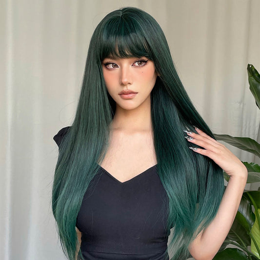 28 inch long straight dark green synthetic wig women's wig with bangs WL1085-2