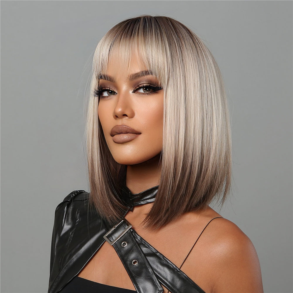 short straight bobo wigs black ombre blonde with bangs wigs for women for daily life LC2067-1