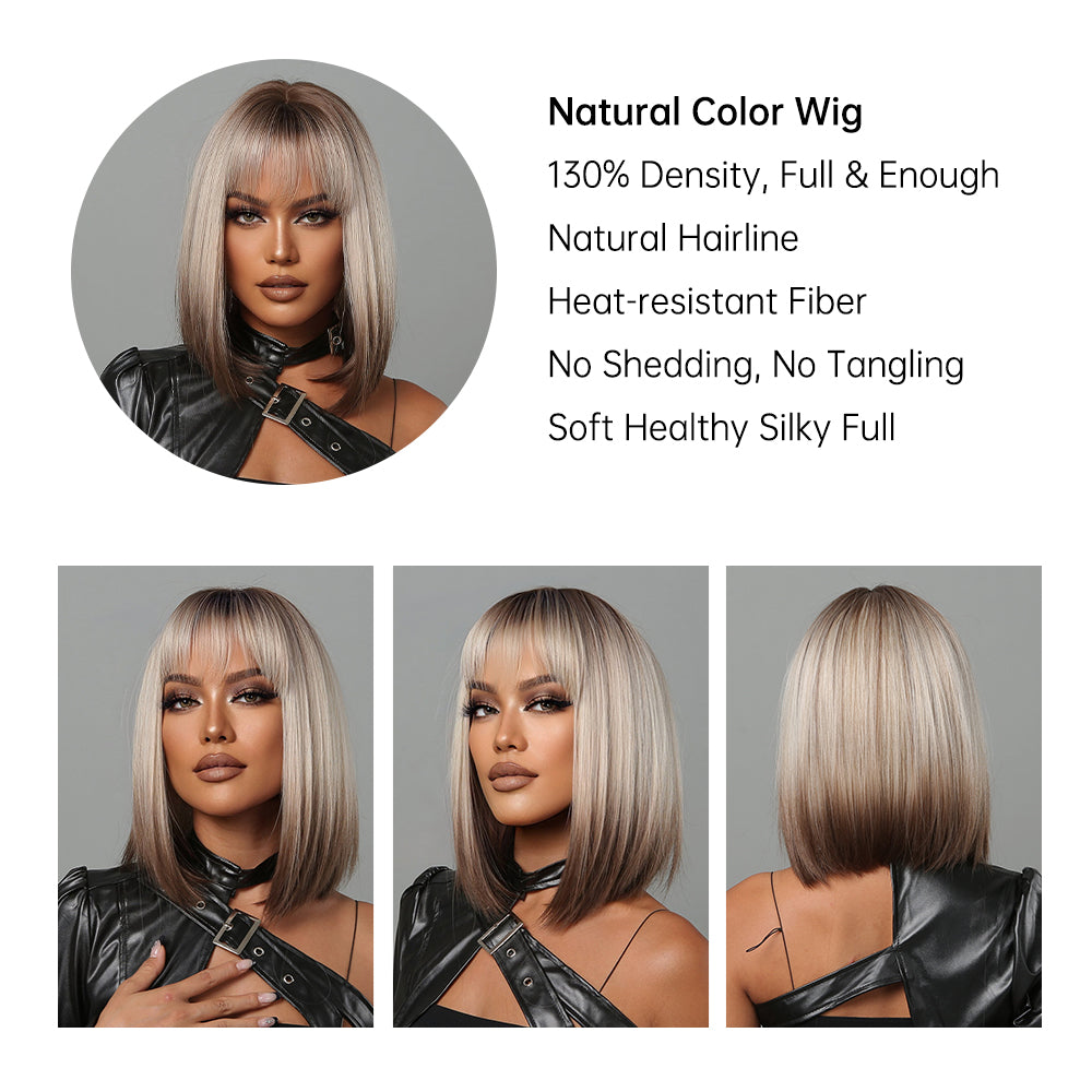 short straight bobo wigs black ombre blonde with bangs wigs for women for daily life LC2067-1