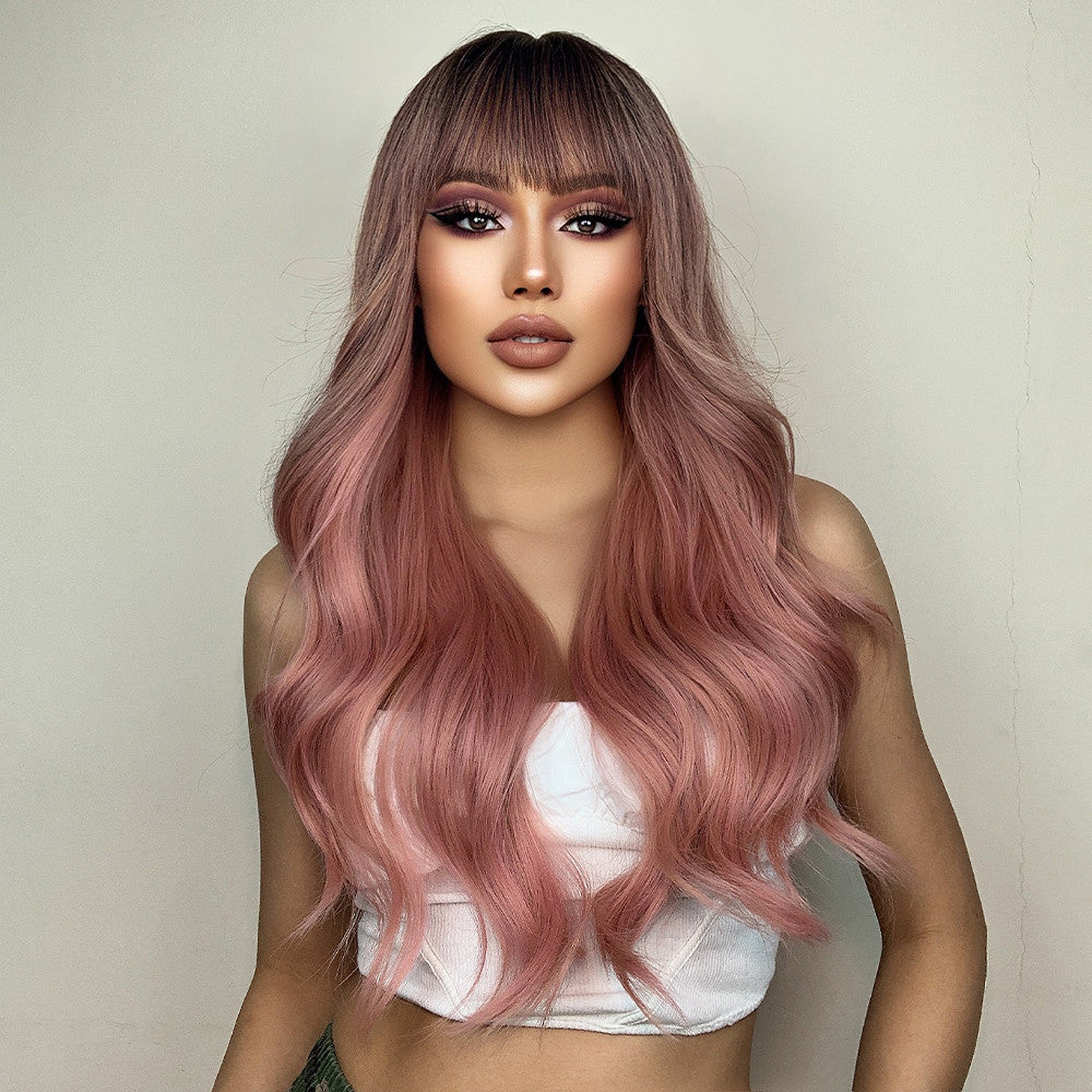 Long curly wigs black ombre pink with bangs wigs for women for daily life LC6018-1