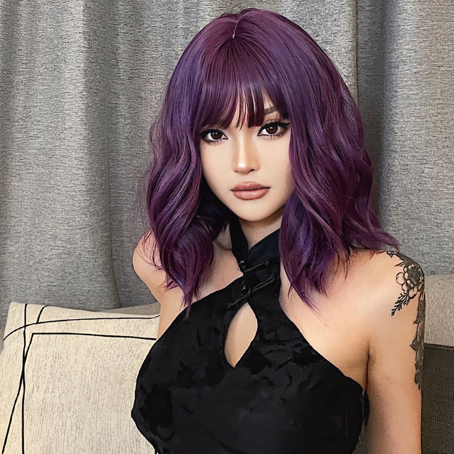 FDwigs|16 Inch Purple Bob Wavy Synthetic Heat Resistant Wig | WL1006-3