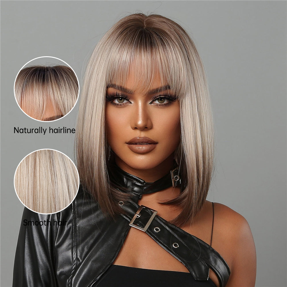 short straight bobo wigs black ombre blonde with bangs wigs for women for daily life LC2067-1