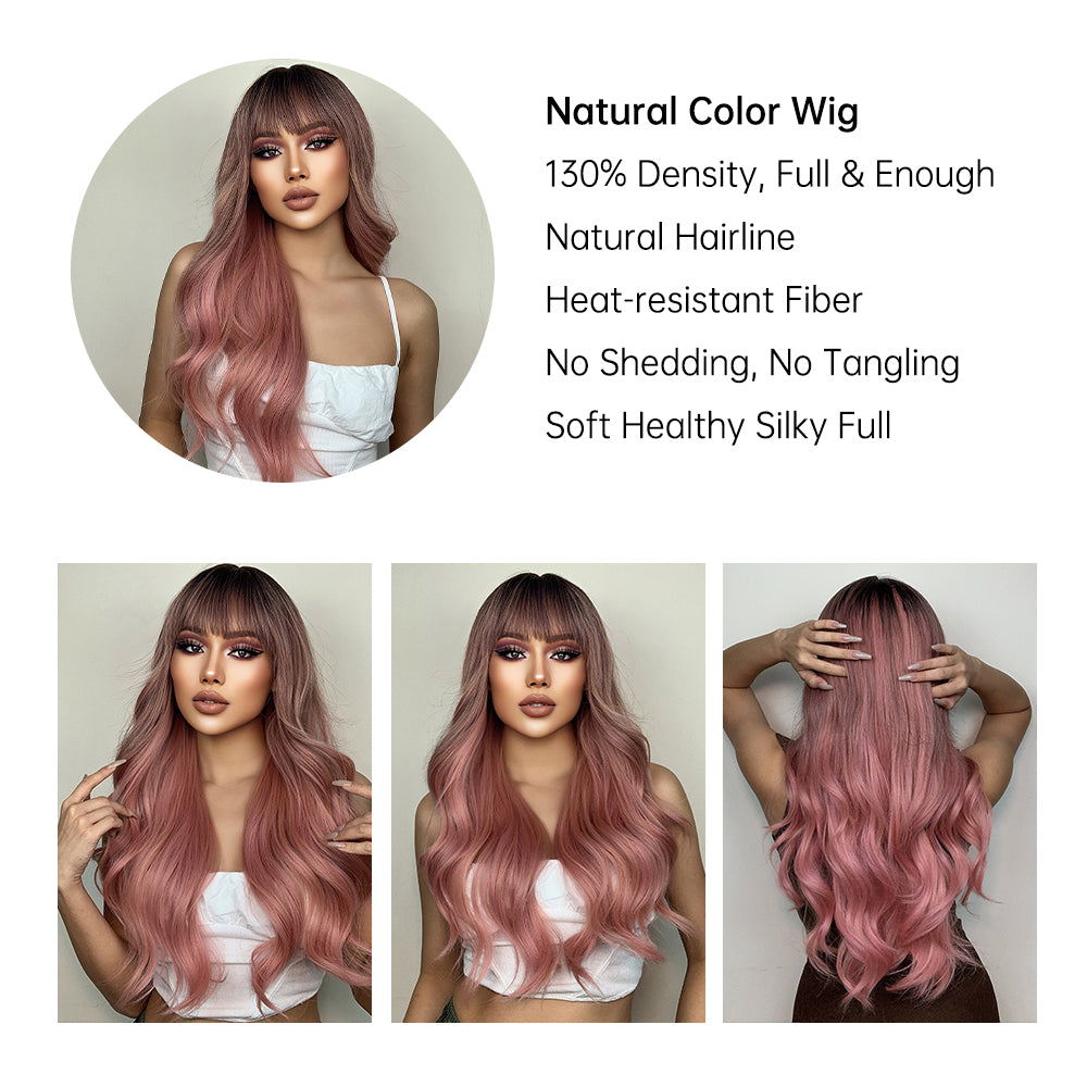 Long curly wigs black ombre pink with bangs wigs for women for daily life LC6018-1