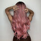 Long curly wigs black ombre pink with bangs wigs for women for daily life LC6018-1