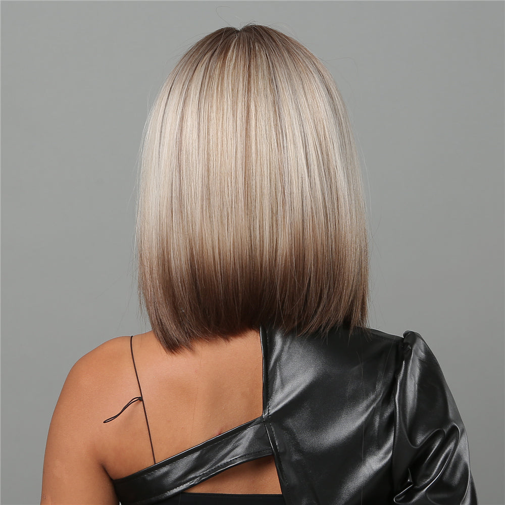 short straight bobo wigs black ombre blonde with bangs wigs for women for daily life LC2067-1