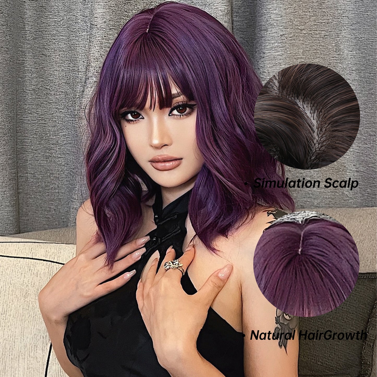 FDwigs|16 Inch Purple Bob Wavy Synthetic Heat Resistant Wig | WL1006-3