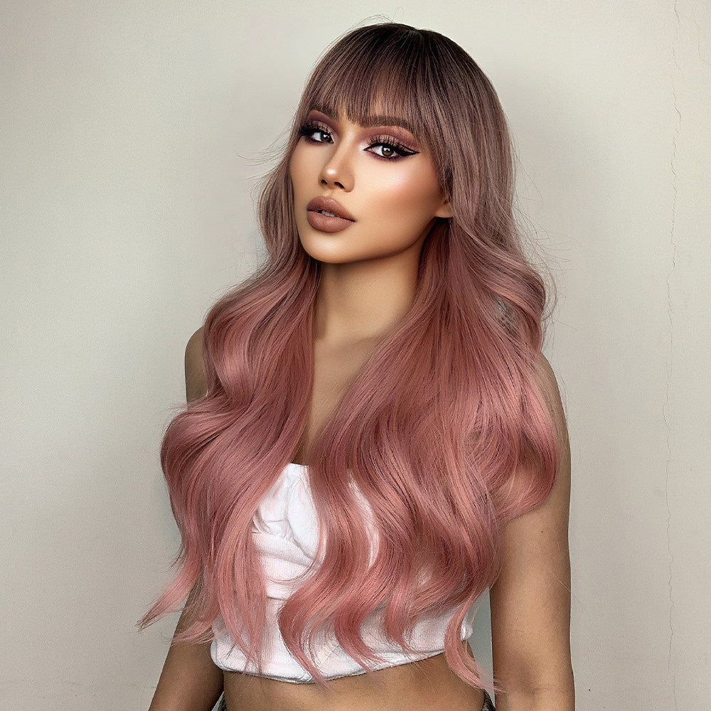 Long curly wigs black ombre pink with bangs wigs for women for daily life LC6018-1